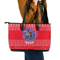 Tunisia Christmas Leather Tote Bag with Desert Camel Crescent Snowflake Pattern and National Emblem - Wonder Print Shop