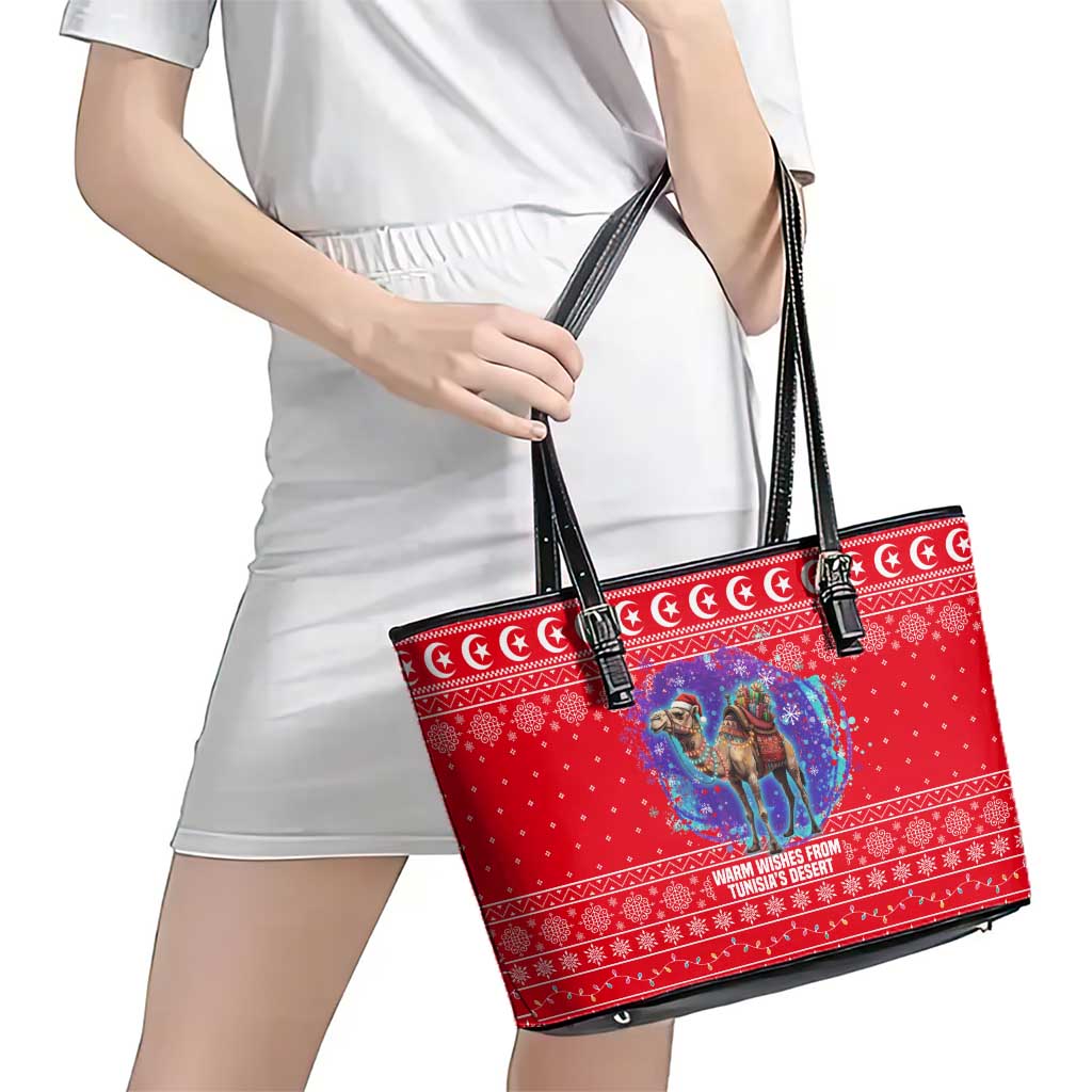 Tunisia Christmas Leather Tote Bag with Desert Camel Crescent Snowflake Pattern and National Emblem - Wonder Print Shop