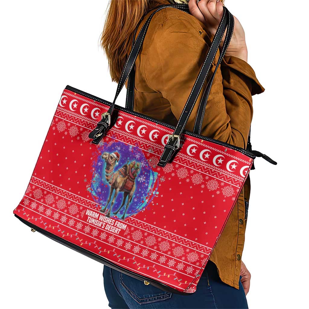 Tunisia Christmas Leather Tote Bag with Desert Camel Crescent Snowflake Pattern and National Emblem - Wonder Print Shop