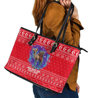 Tunisia Christmas Leather Tote Bag with Desert Camel Crescent Snowflake Pattern and National Emblem - Wonder Print Shop