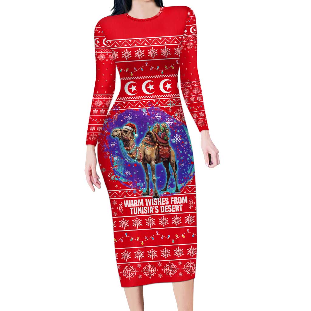 Tunisia Christmas Long Sleeve Bodycon Dress with Desert Camel Crescent Snowflake Pattern and National Emblem - Wonder Print Shop