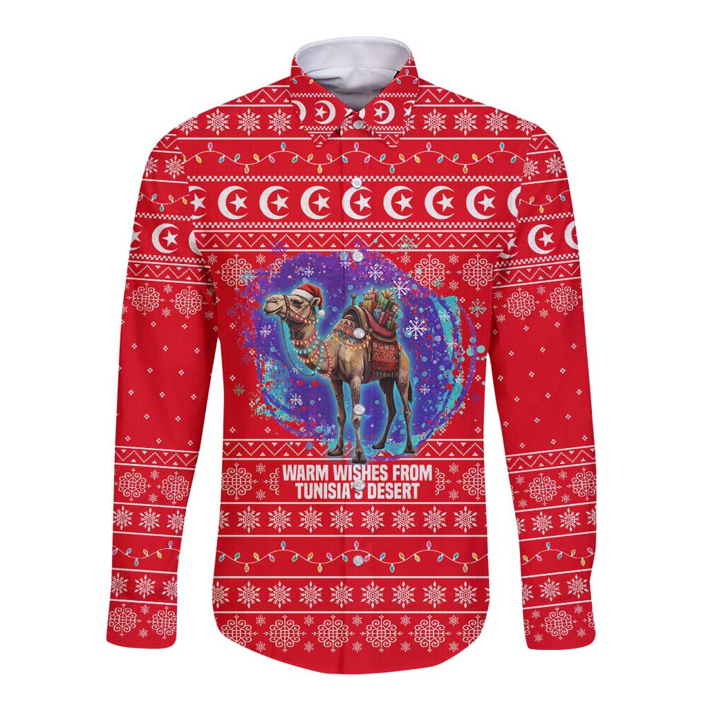 Tunisia Christmas Long Sleeve Button Shirt with Desert Camel Crescent Snowflake Pattern and National Emblem - Wonder Print Shop