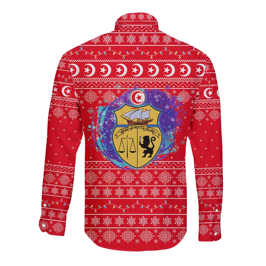Tunisia Christmas Long Sleeve Button Shirt with Desert Camel Crescent Snowflake Pattern and National Emblem - Wonder Print Shop