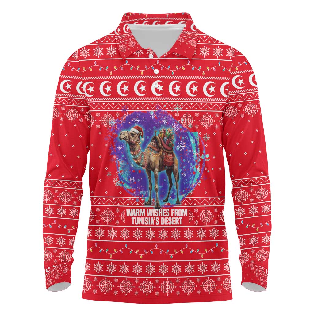 Tunisia Christmas Long Sleeve Polo Shirt with Desert Camel Crescent Snowflake Pattern and National Emblem - Wonder Print Shop