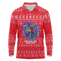 Tunisia Christmas Long Sleeve Polo Shirt with Desert Camel Crescent Snowflake Pattern and National Emblem - Wonder Print Shop
