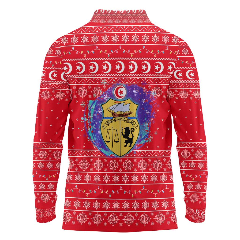 Tunisia Christmas Long Sleeve Polo Shirt with Desert Camel Crescent Snowflake Pattern and National Emblem - Wonder Print Shop