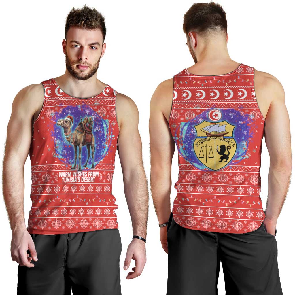 Tunisia Christmas Men Tank Top with Desert Camel Crescent Snowflake Pattern and National Emblem - Wonder Print Shop