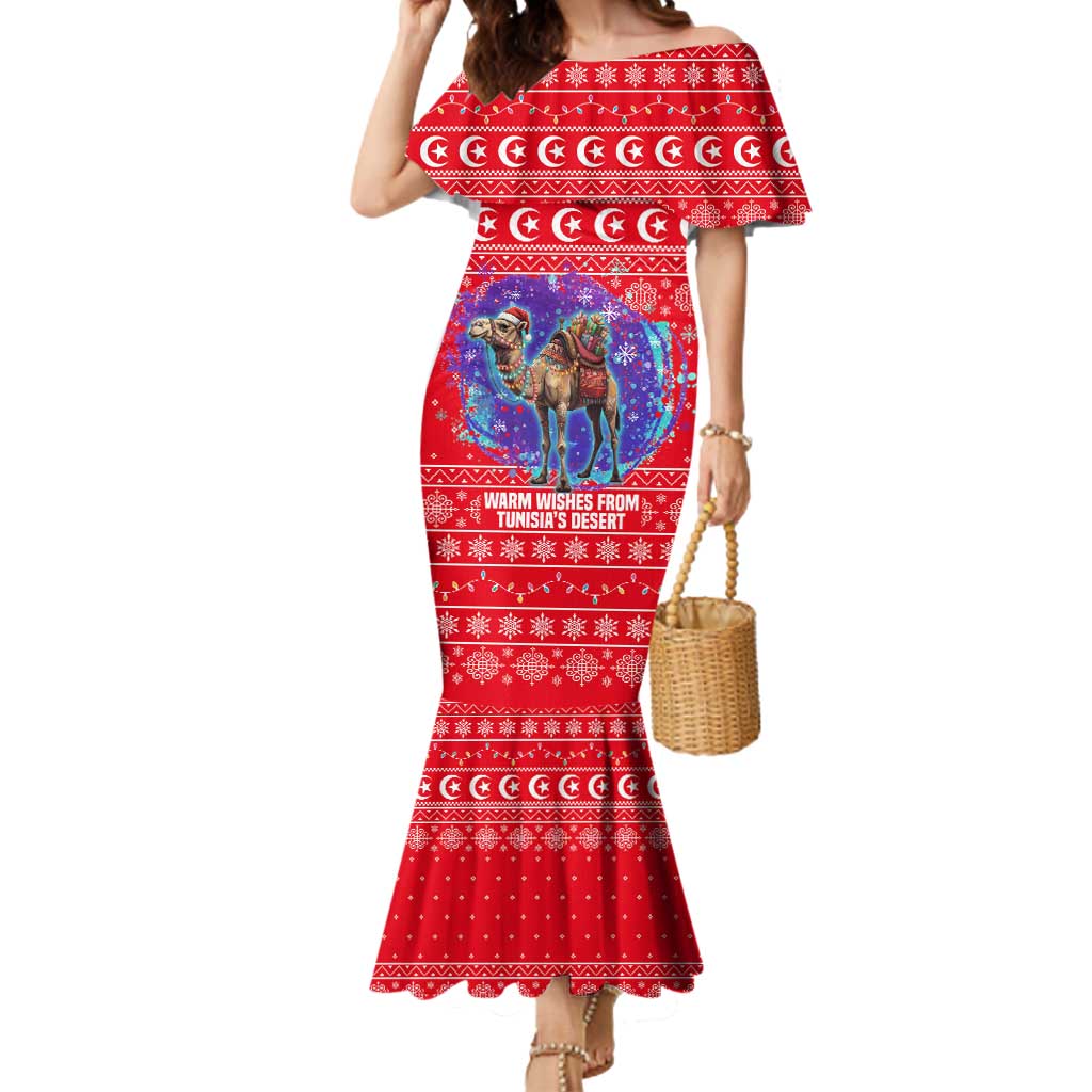 Tunisia Christmas Mermaid Dress with Desert Camel Crescent Snowflake Pattern and National Emblem - Wonder Print Shop
