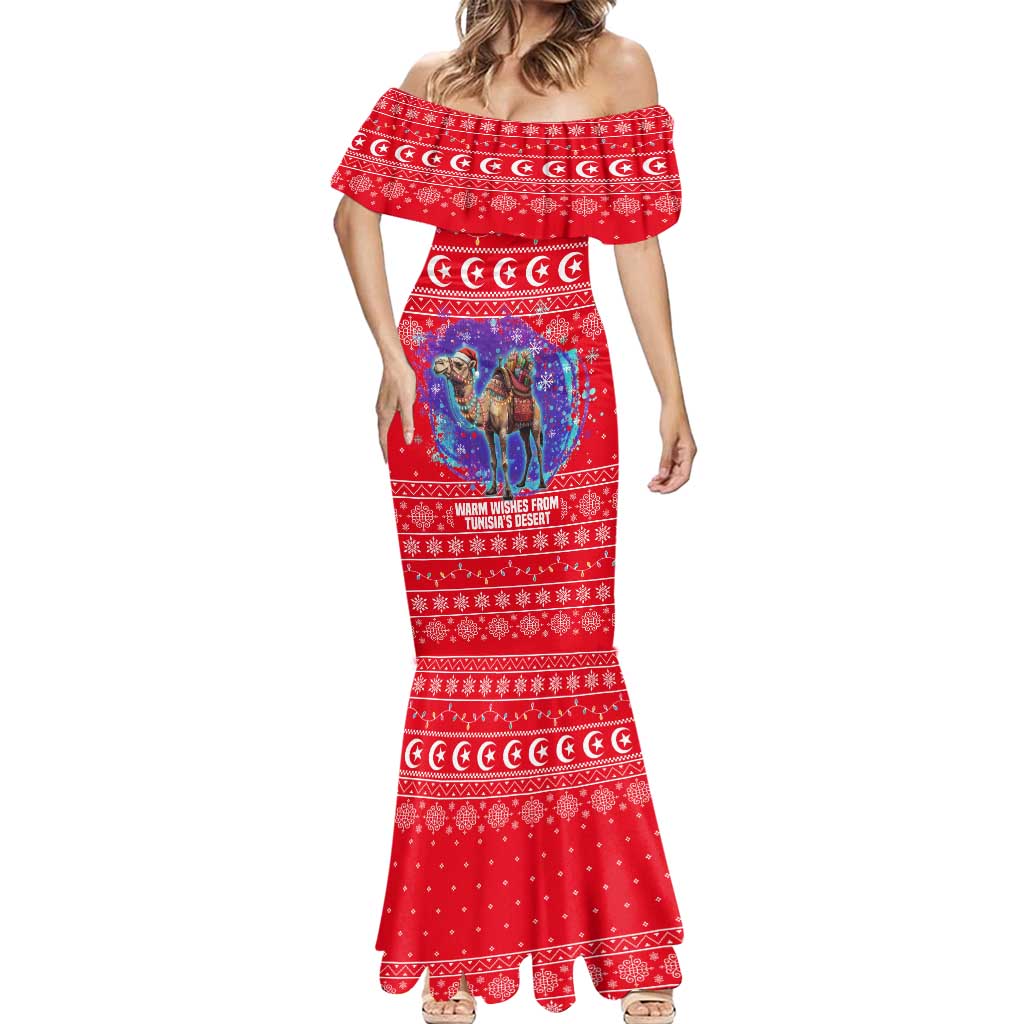 Tunisia Christmas Mermaid Dress with Desert Camel Crescent Snowflake Pattern and National Emblem - Wonder Print Shop