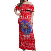 Tunisia Christmas Off Shoulder Maxi Dress with Desert Camel Crescent Snowflake Pattern and National Emblem - Wonder Print Shop