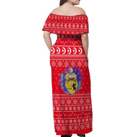 Tunisia Christmas Off Shoulder Maxi Dress with Desert Camel Crescent Snowflake Pattern and National Emblem - Wonder Print Shop