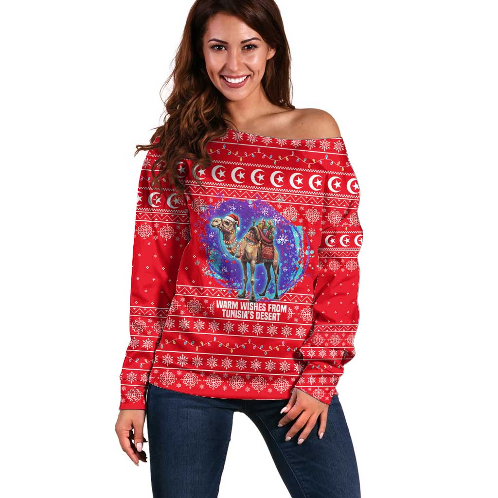 Tunisia Christmas Off Shoulder Sweater with Desert Camel Crescent Snowflake Pattern and National Emblem - Wonder Print Shop