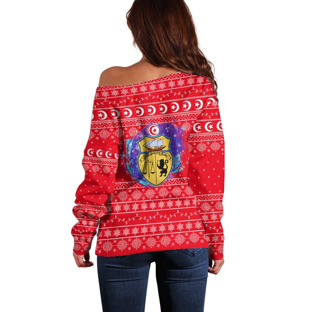 Tunisia Christmas Off Shoulder Sweater with Desert Camel Crescent Snowflake Pattern and National Emblem - Wonder Print Shop