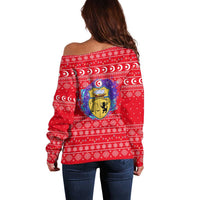 Tunisia Christmas Off Shoulder Sweater with Desert Camel Crescent Snowflake Pattern and National Emblem - Wonder Print Shop