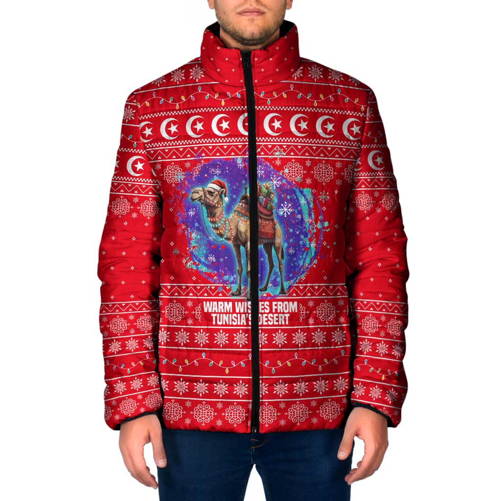 Tunisia Christmas Padded Jacket with Desert Camel Crescent Snowflake Pattern and National Emblem - Wonder Print Shop