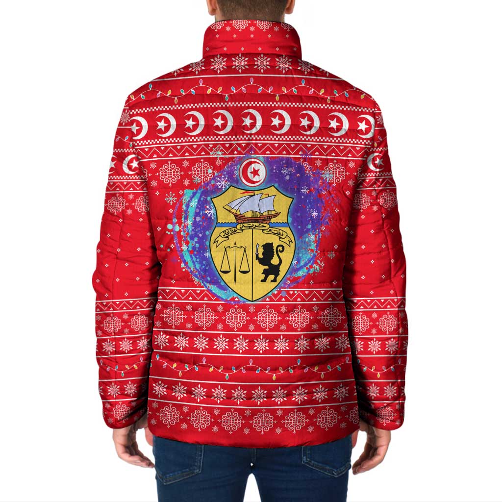 Tunisia Christmas Padded Jacket with Desert Camel Crescent Snowflake Pattern and National Emblem - Wonder Print Shop