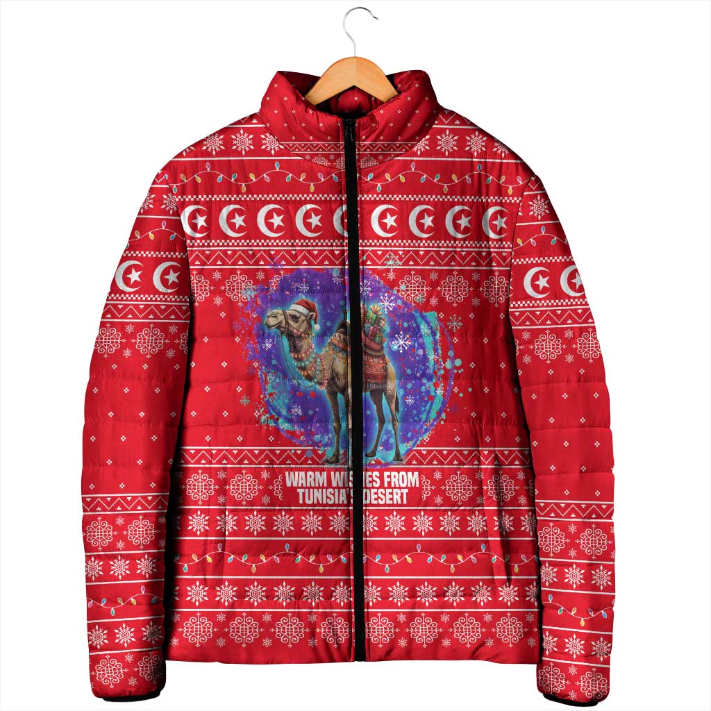 Tunisia Christmas Padded Jacket with Desert Camel Crescent Snowflake Pattern and National Emblem - Wonder Print Shop