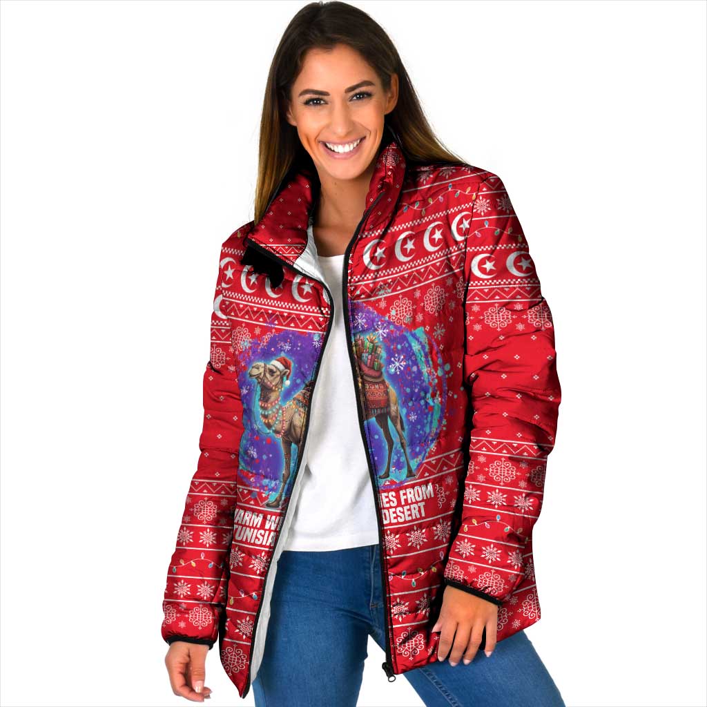 Tunisia Christmas Padded Jacket with Desert Camel Crescent Snowflake Pattern and National Emblem - Wonder Print Shop