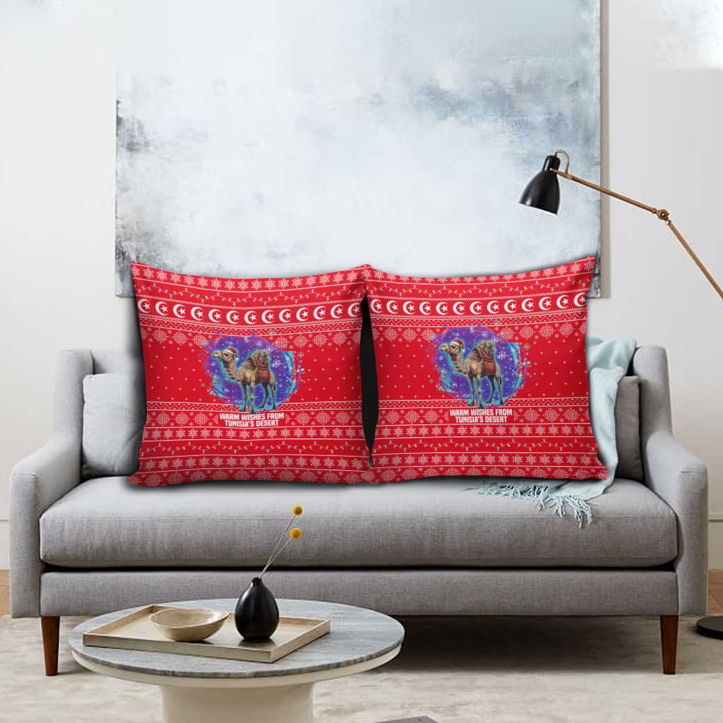 Tunisia Christmas Pillow Cover with Desert Camel Crescent Snowflake Pattern and National Emblem - Wonder Print Shop