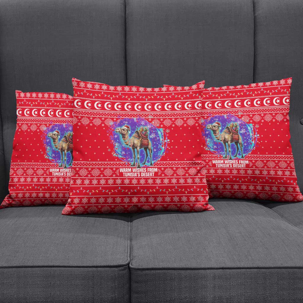 Tunisia Christmas Pillow Cover with Desert Camel Crescent Snowflake Pattern and National Emblem - Wonder Print Shop