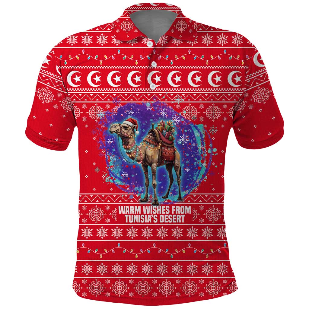 Tunisia Christmas Polo Shirt with Desert Camel Crescent Snowflake Pattern and National Emblem - Wonder Print Shop