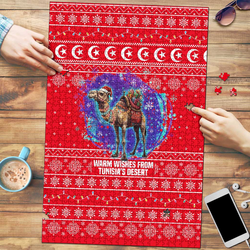 Tunisia Christmas Puzzle with Desert Camel Crescent Snowflake Pattern and National Emblem - Wonder Print Shop
