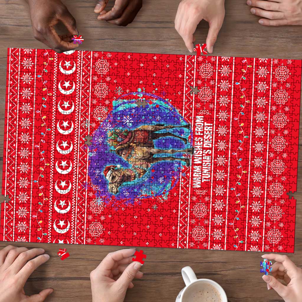 Tunisia Christmas Puzzle with Desert Camel Crescent Snowflake Pattern and National Emblem - Wonder Print Shop