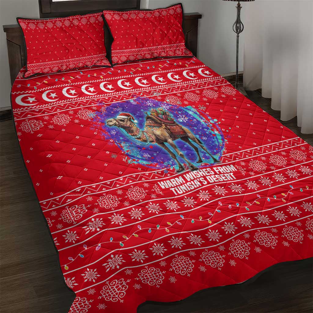 Tunisia Christmas Quilt Bed Set with Desert Camel Crescent Snowflake Pattern and National Emblem - Wonder Print Shop