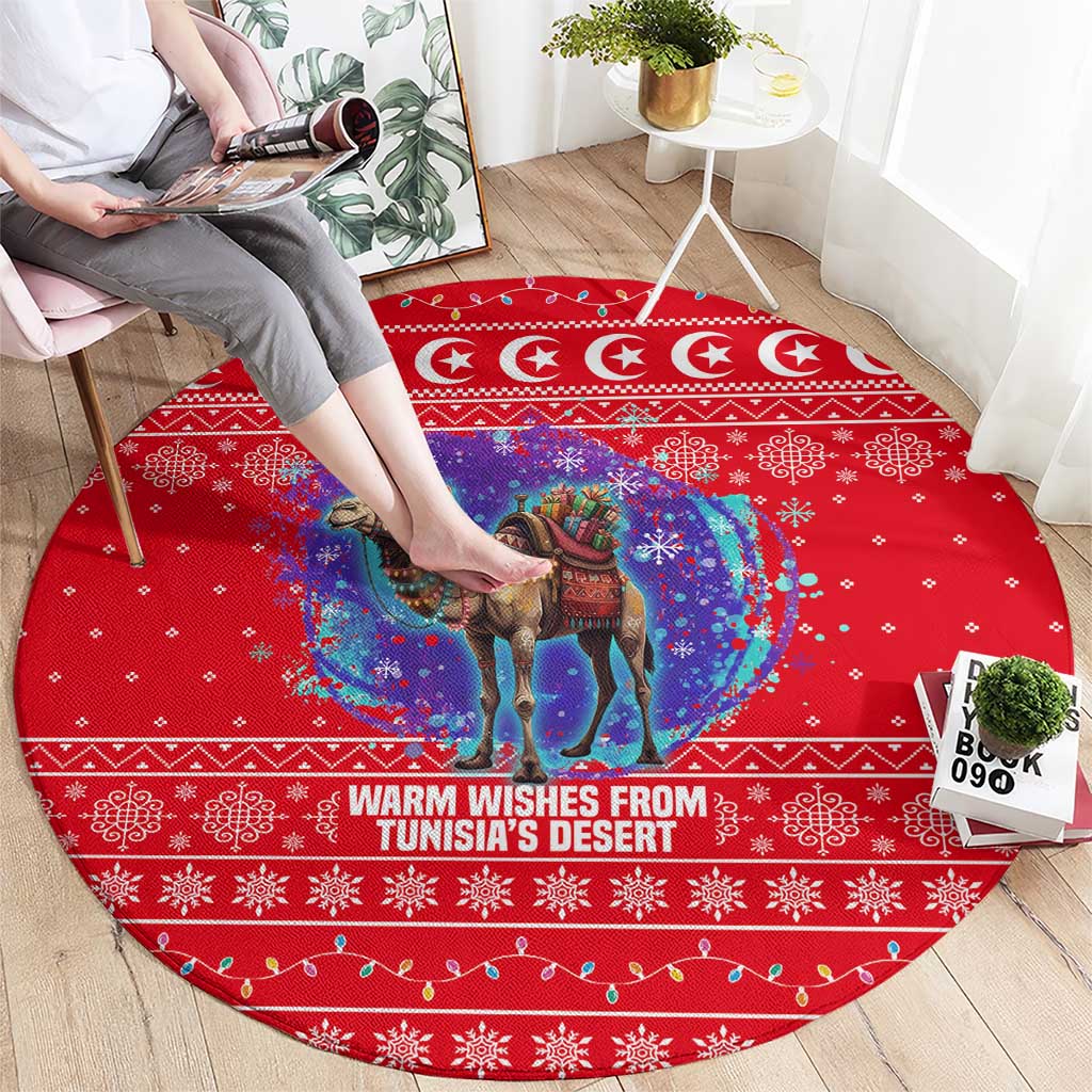 Tunisia Christmas Round Carpet with Desert Camel Crescent Snowflake Pattern and National Emblem - Wonder Print Shop