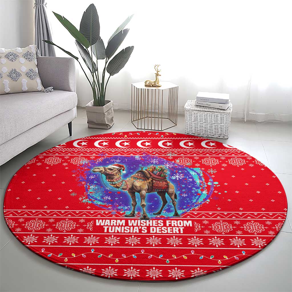Tunisia Christmas Round Carpet with Desert Camel Crescent Snowflake Pattern and National Emblem - Wonder Print Shop