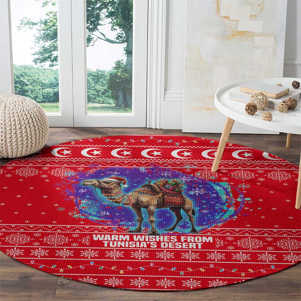 Tunisia Christmas Round Carpet with Desert Camel Crescent Snowflake Pattern and National Emblem - Wonder Print Shop