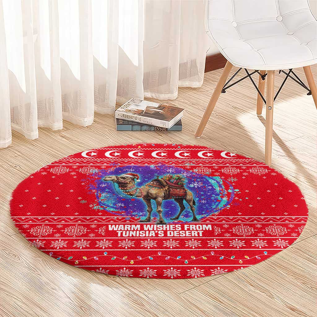 Tunisia Christmas Round Carpet with Desert Camel Crescent Snowflake Pattern and National Emblem - Wonder Print Shop