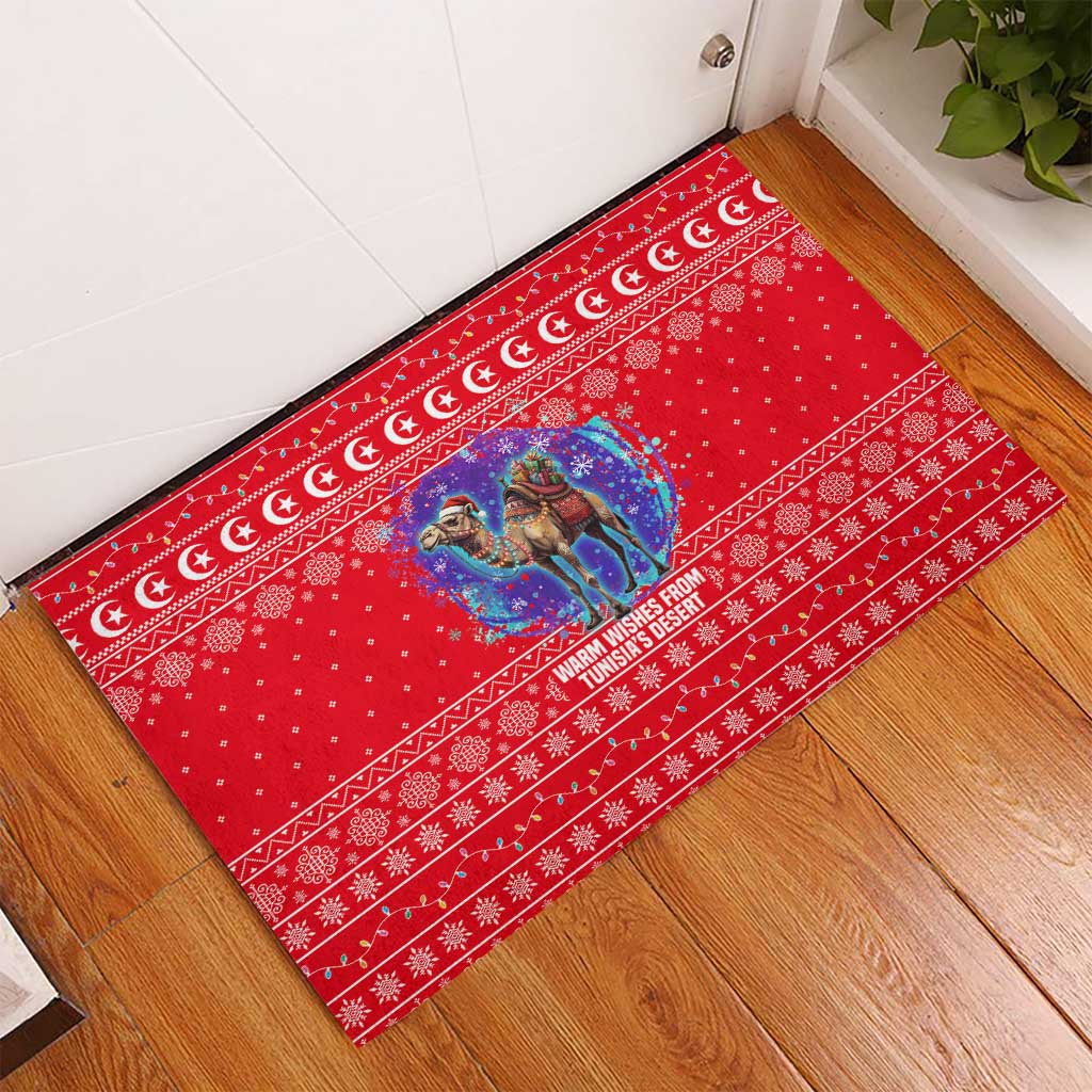 Tunisia Christmas Rubber Doormat with Desert Camel Crescent Snowflake Pattern and National Emblem - Wonder Print Shop