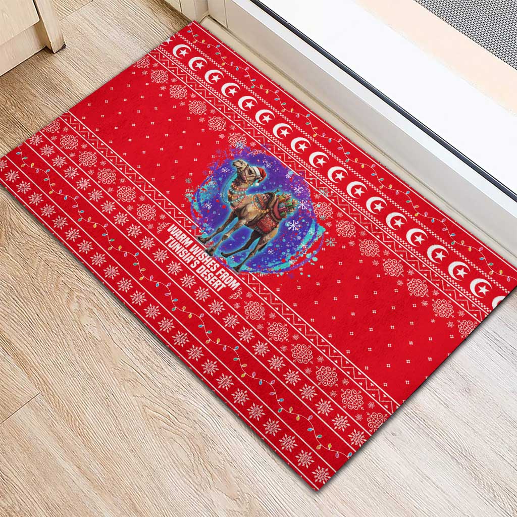 Tunisia Christmas Rubber Doormat with Desert Camel Crescent Snowflake Pattern and National Emblem - Wonder Print Shop