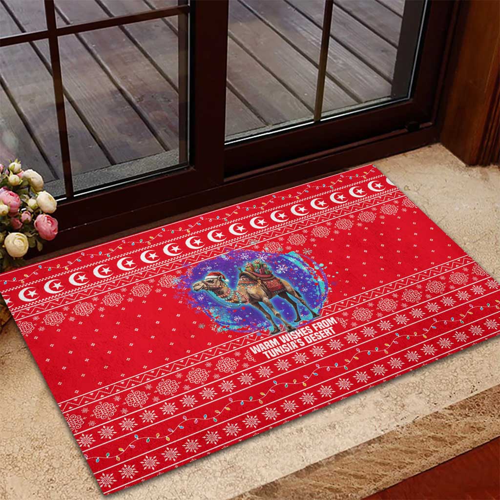 Tunisia Christmas Rubber Doormat with Desert Camel Crescent Snowflake Pattern and National Emblem - Wonder Print Shop