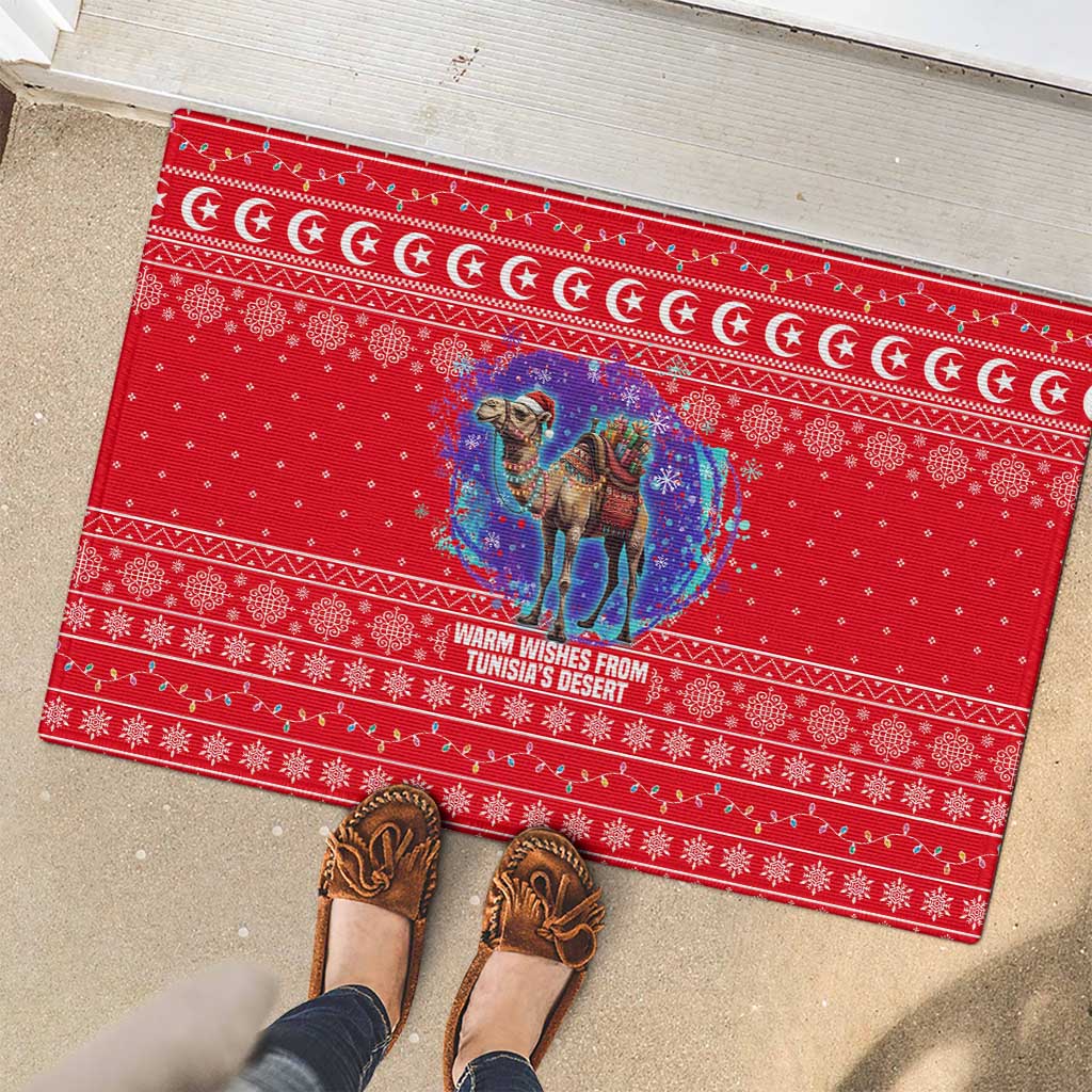 Tunisia Christmas Rubber Doormat with Desert Camel Crescent Snowflake Pattern and National Emblem - Wonder Print Shop