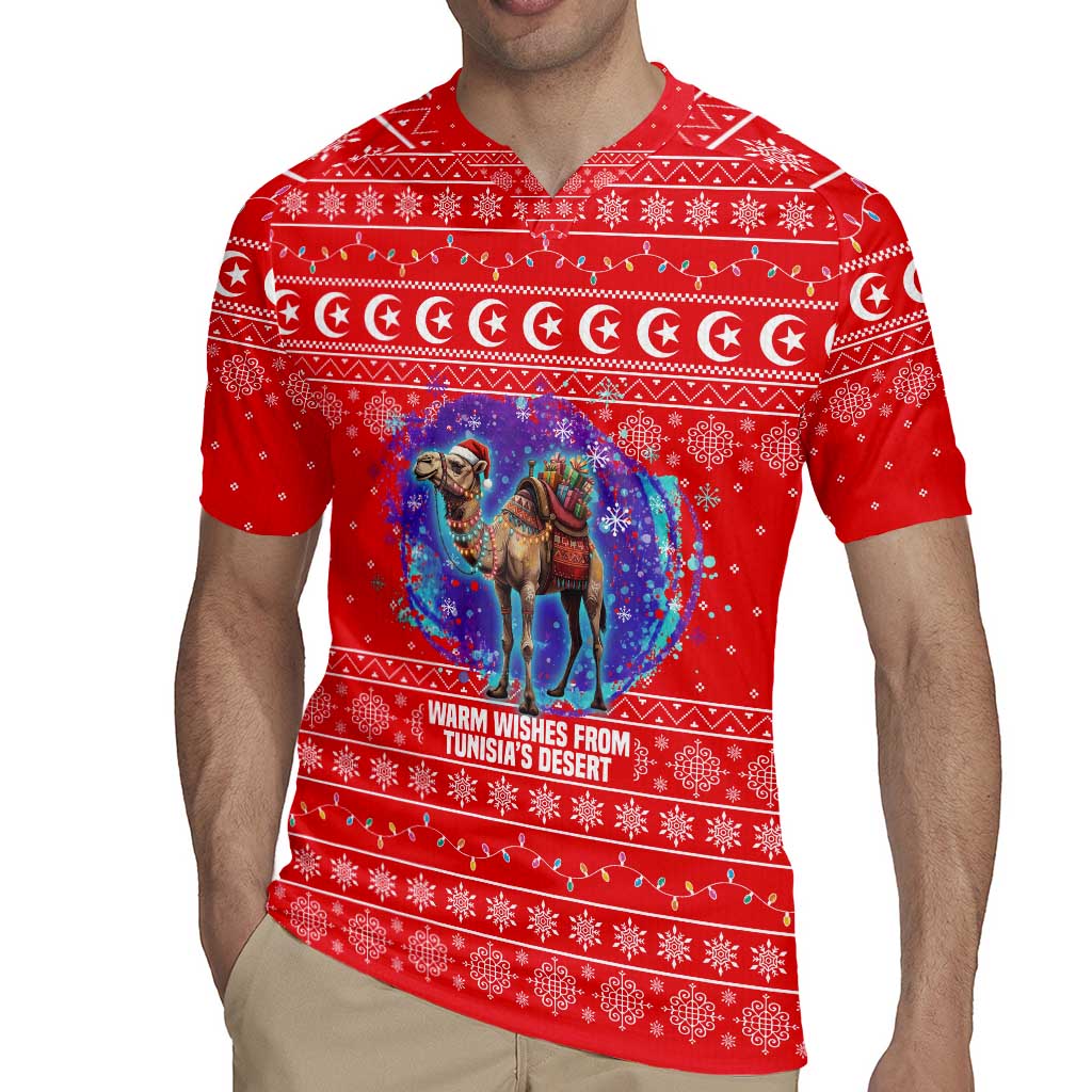 Tunisia Christmas Rugby Jersey with Desert Camel Crescent Snowflake Pattern and National Emblem - Wonder Print Shop
