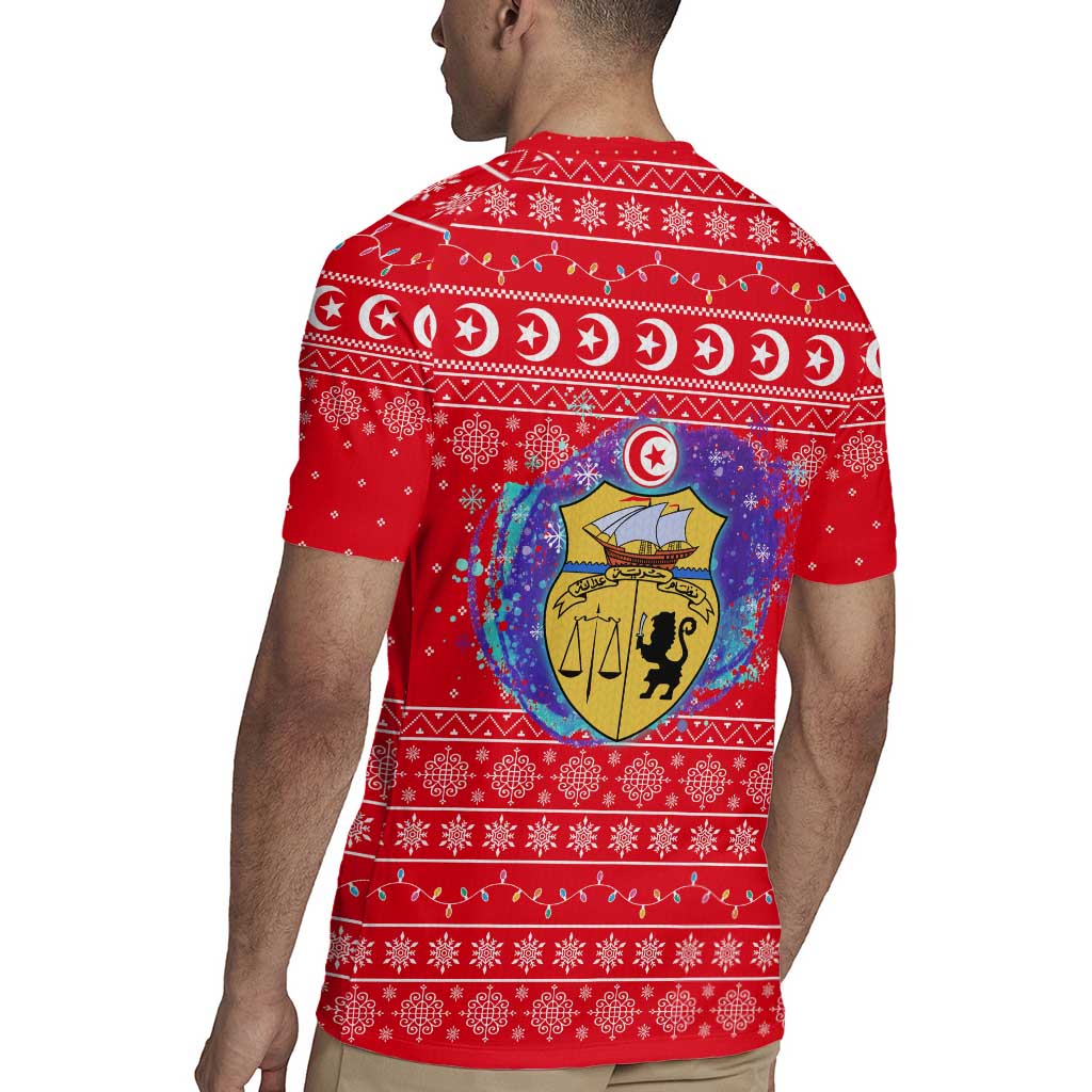 Tunisia Christmas Rugby Jersey with Desert Camel Crescent Snowflake Pattern and National Emblem - Wonder Print Shop