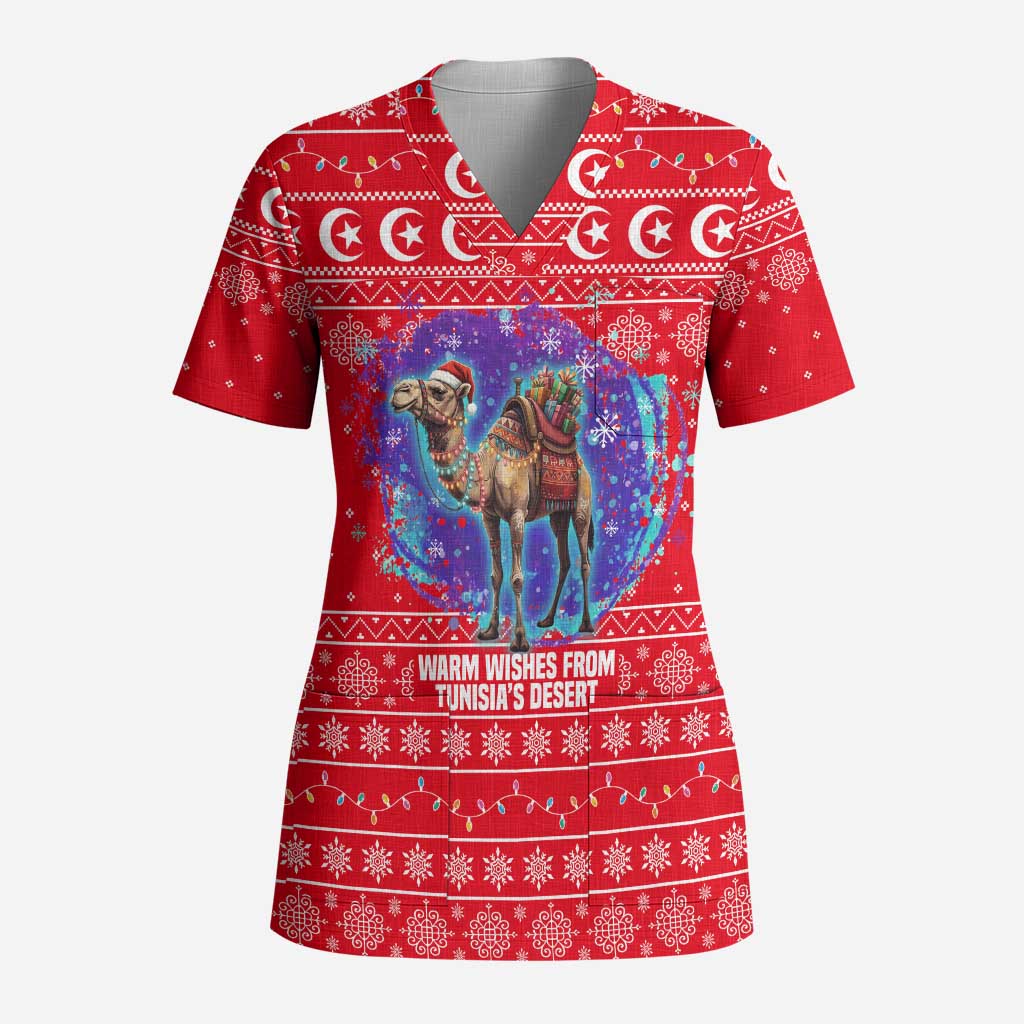 Tunisia Christmas Scrub Top with Desert Camel Crescent Snowflake Pattern and National Emblem - Wonder Print Shop