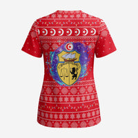 Tunisia Christmas Scrub Top with Desert Camel Crescent Snowflake Pattern and National Emblem - Wonder Print Shop