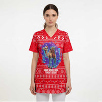 Tunisia Christmas Scrub Top with Desert Camel Crescent Snowflake Pattern and National Emblem - Wonder Print Shop