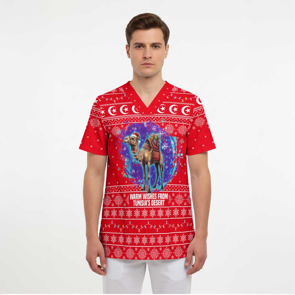 Tunisia Christmas Scrub Top with Desert Camel Crescent Snowflake Pattern and National Emblem - Wonder Print Shop
