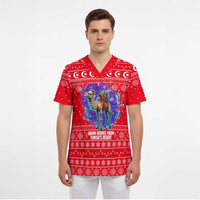 Tunisia Christmas Scrub Top with Desert Camel Crescent Snowflake Pattern and National Emblem - Wonder Print Shop