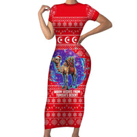 Tunisia Christmas Short Sleeve Bodycon Dress with Desert Camel Crescent Snowflake Pattern and National Emblem - Wonder Print Shop