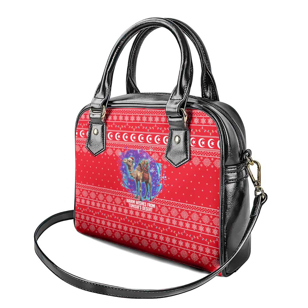 Tunisia Christmas Shoulder Handbag with Desert Camel Crescent Snowflake Pattern and National Emblem - Wonder Print Shop