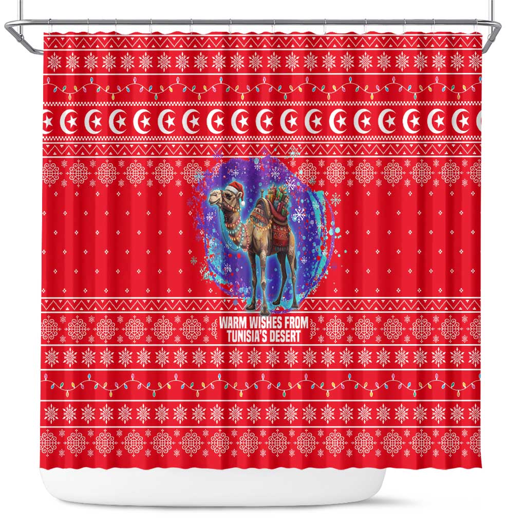 Tunisia Christmas Shower Curtain with Desert Camel Crescent Snowflake Pattern and National Emblem - Wonder Print Shop
