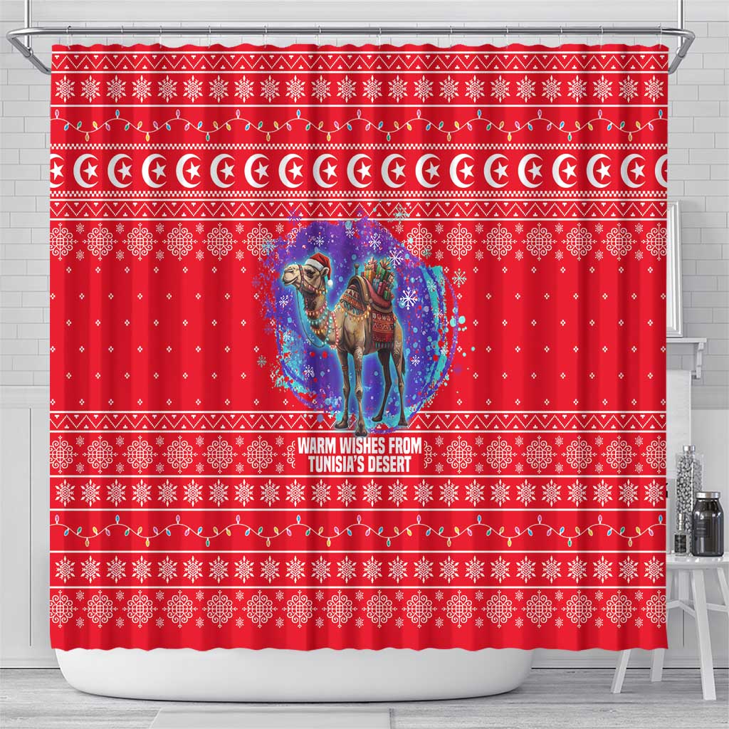 Tunisia Christmas Shower Curtain with Desert Camel Crescent Snowflake Pattern and National Emblem - Wonder Print Shop