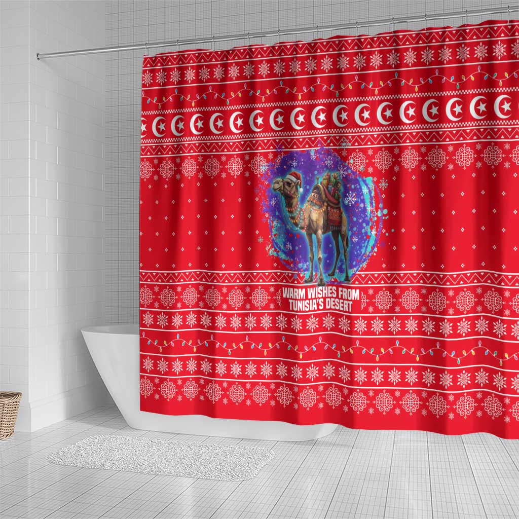 Tunisia Christmas Shower Curtain with Desert Camel Crescent Snowflake Pattern and National Emblem - Wonder Print Shop