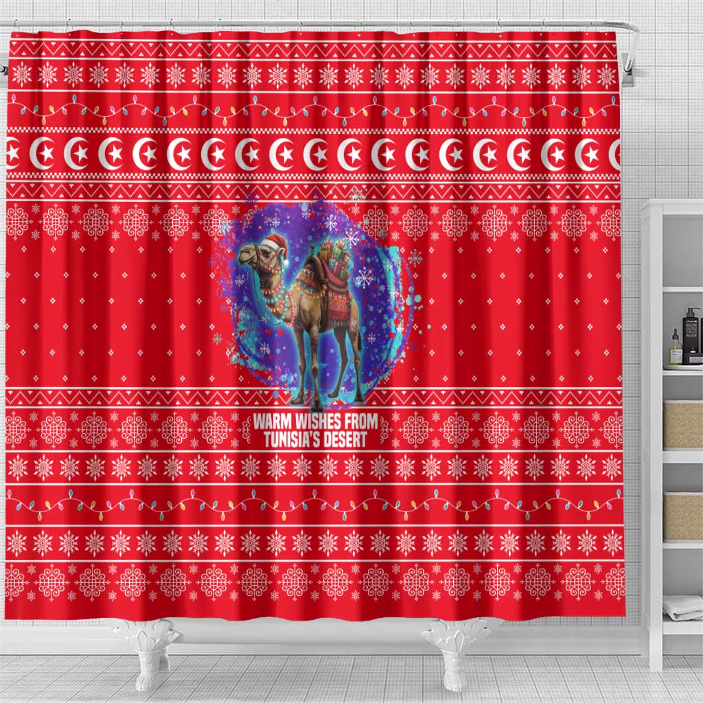 Tunisia Christmas Shower Curtain with Desert Camel Crescent Snowflake Pattern and National Emblem - Wonder Print Shop
