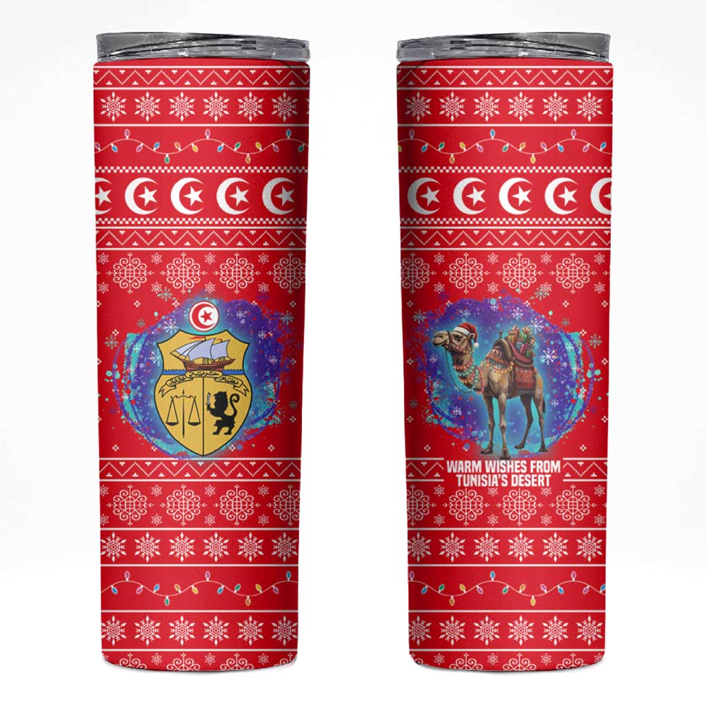 Tunisia Christmas Skinny Tumbler with Desert Camel Crescent Snowflake Pattern and National Emblem - Wonder Print Shop
